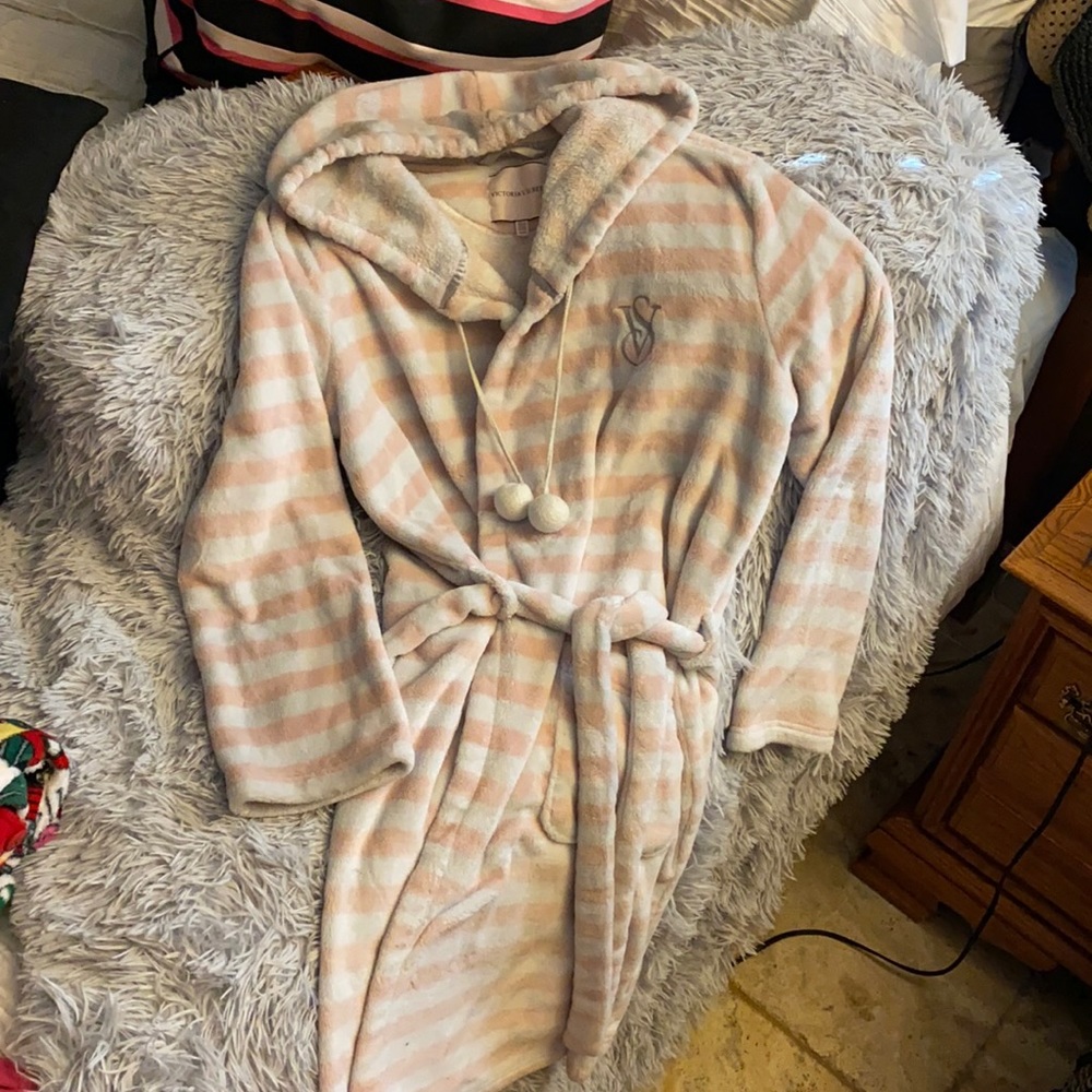 Victoria's Secret Pink and Cream Striped Hooded Plush Robe